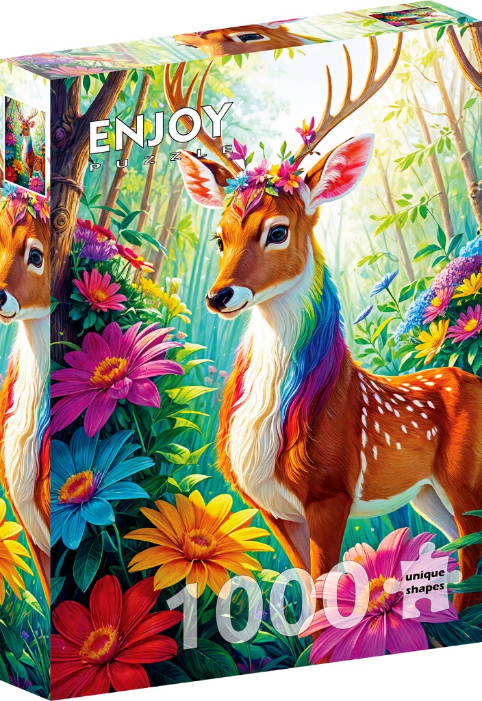 A whimsical illustration of a fawn with a rainbow-colored neck standing in a lush, flower-filled forest.