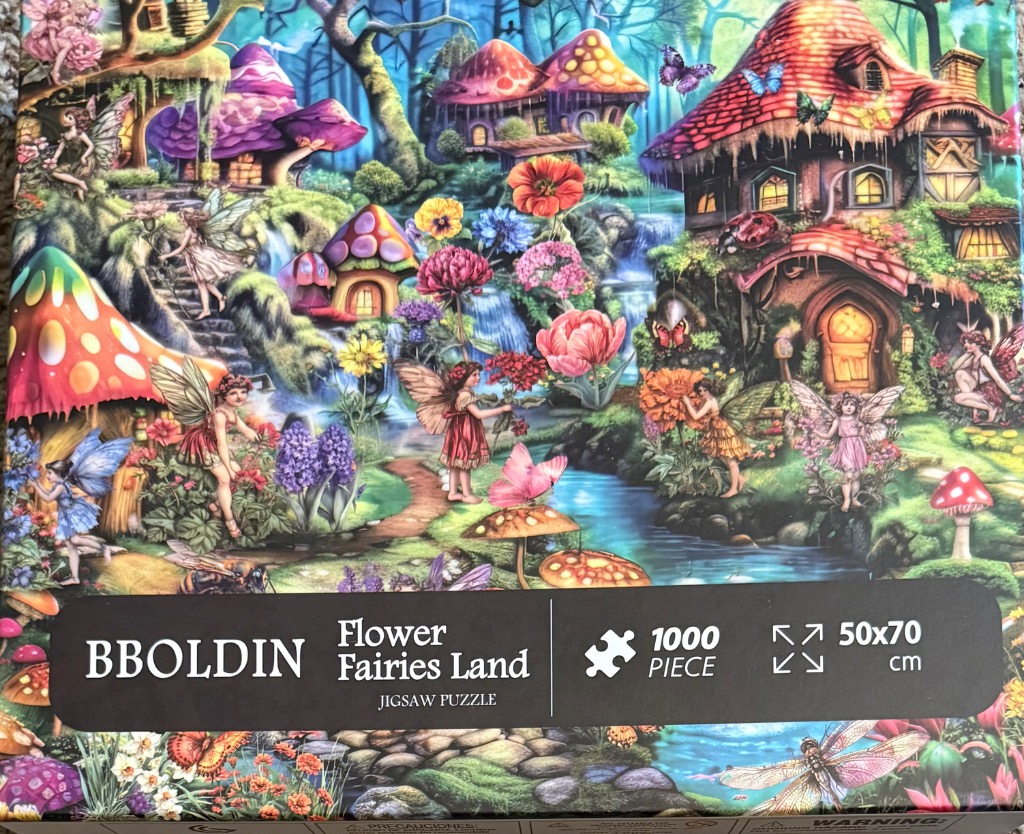 A vibrant, whimsical scene of fairies, magical mushroom houses, and flowers in a lush enchanted forest.