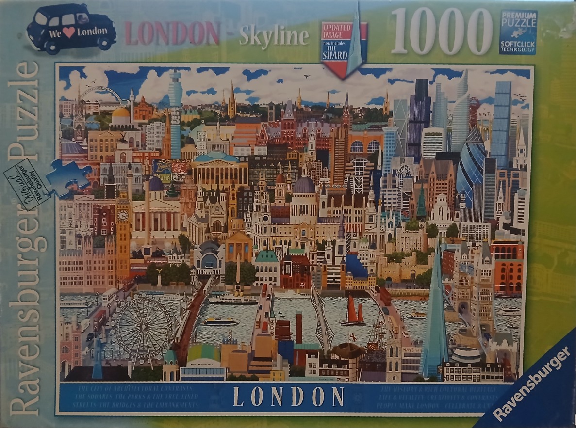 A dense, vibrant illustration of the London skyline featuring famous landmarks along the River Thames.