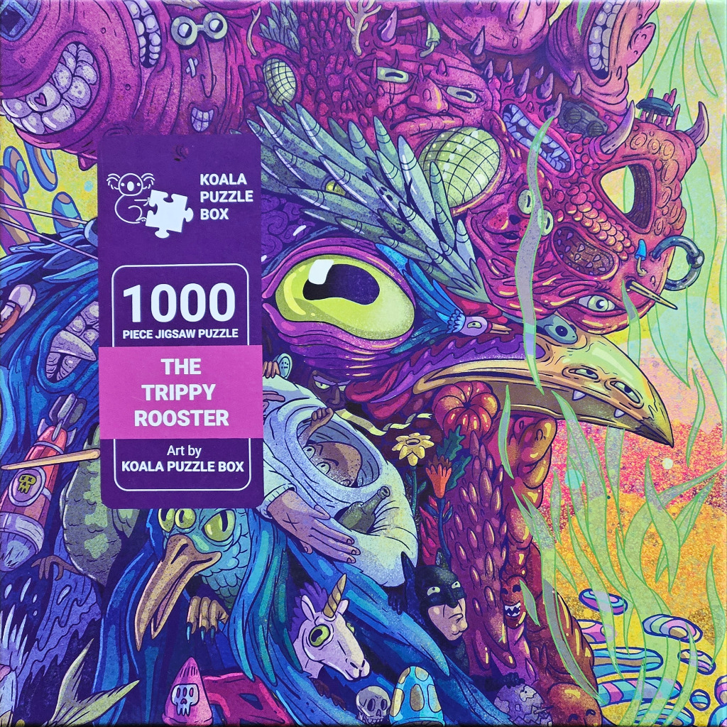 A surreal, psychedelic digital illustration featuring a giant rooster, a space-suited figure, and bizarre monster creatures.