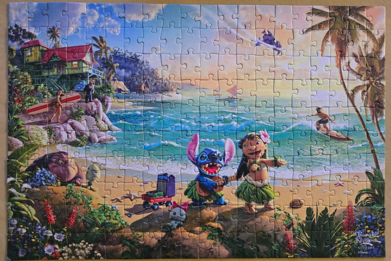 Animated characters playing music and surfing on a vibrant tropical beach at sunset.