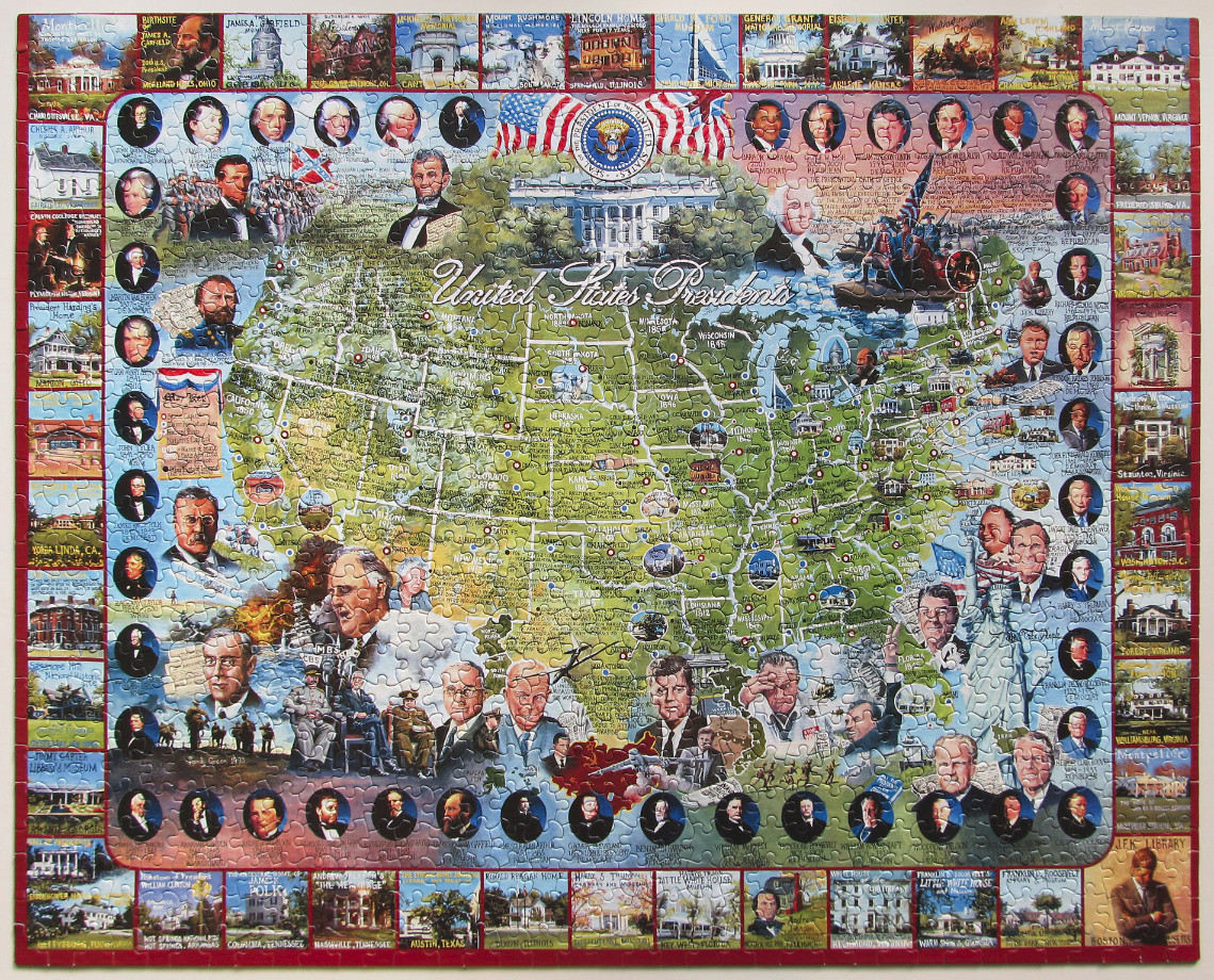 A detailed educational map of the United States featuring portraits of presidents and historic landmarks.