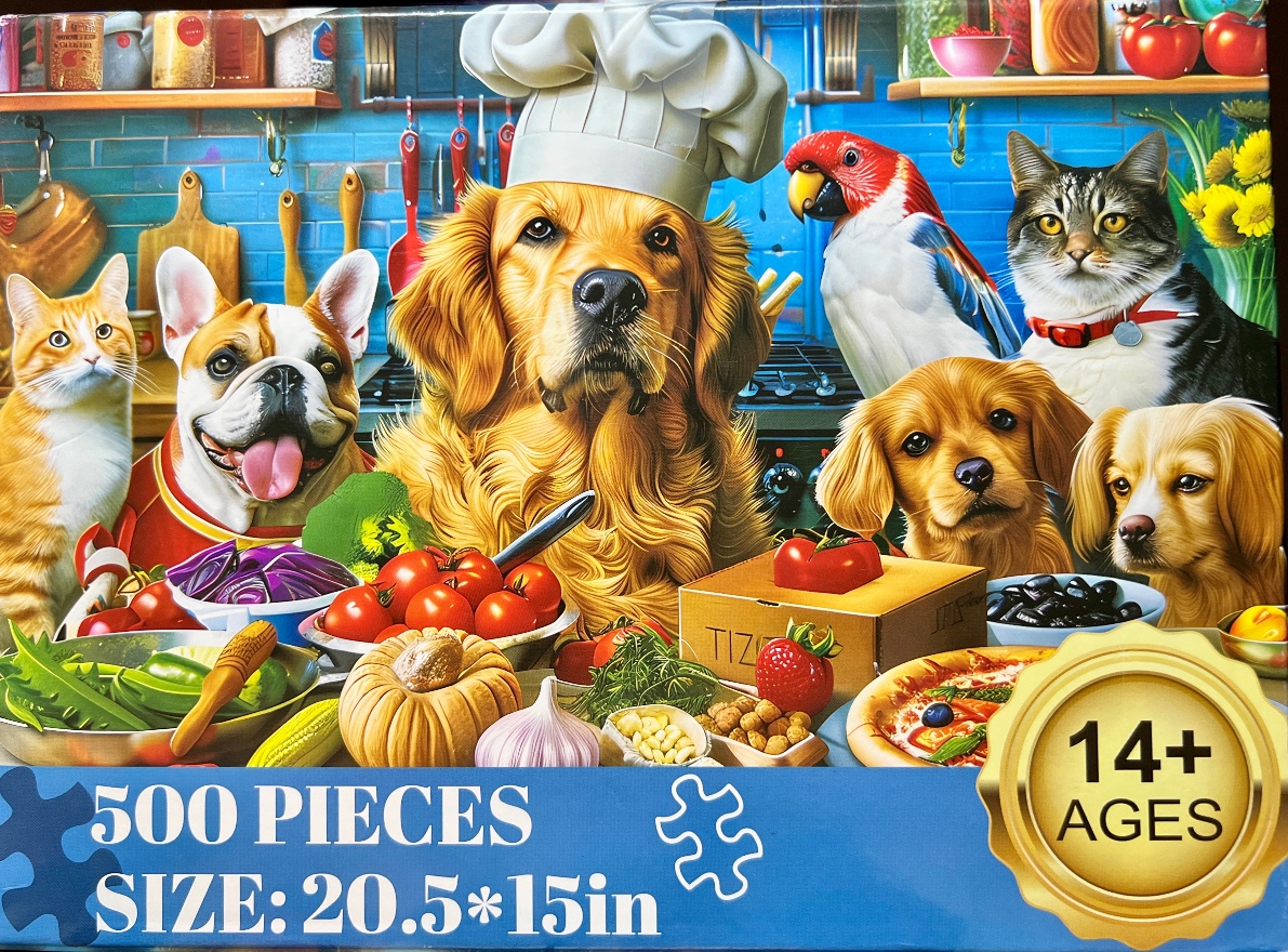 A group of animals including dogs, a cat, and a parrot in a kitchen setting with fresh vegetables and pizza.