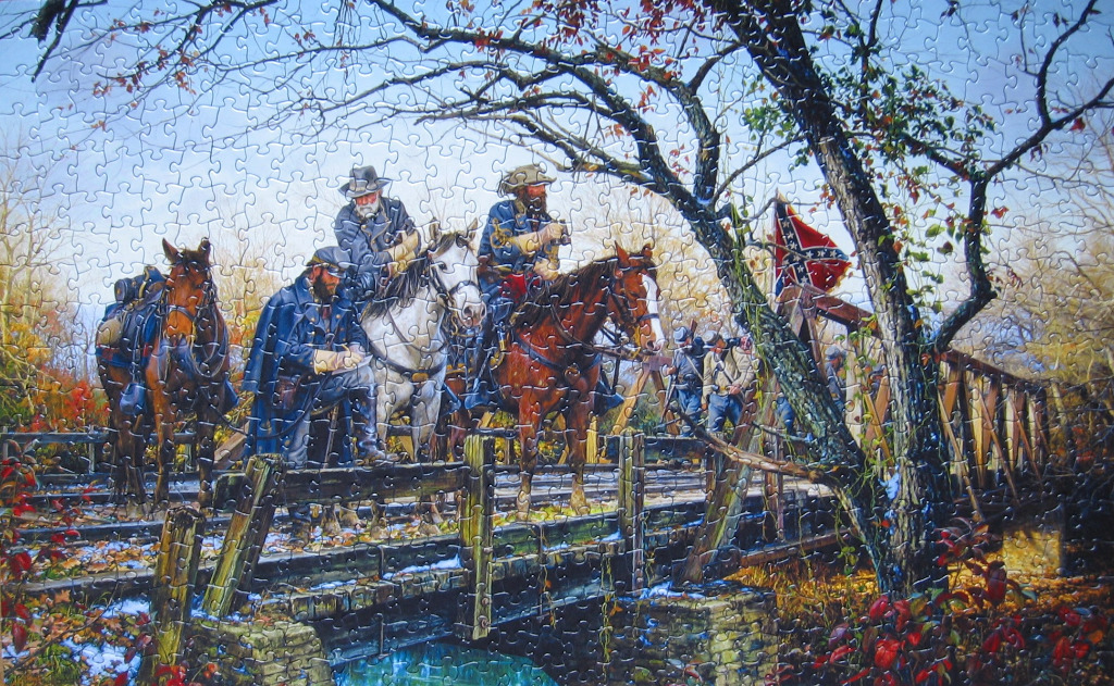 A painting of Confederate cavalry officers on horseback crossing a wooden bridge in autumn.