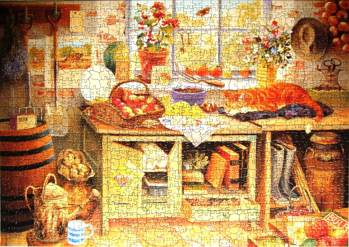 A cozy, sunlit country kitchen featuring a sleeping orange cat, fresh produce, and rustic gardening decor.