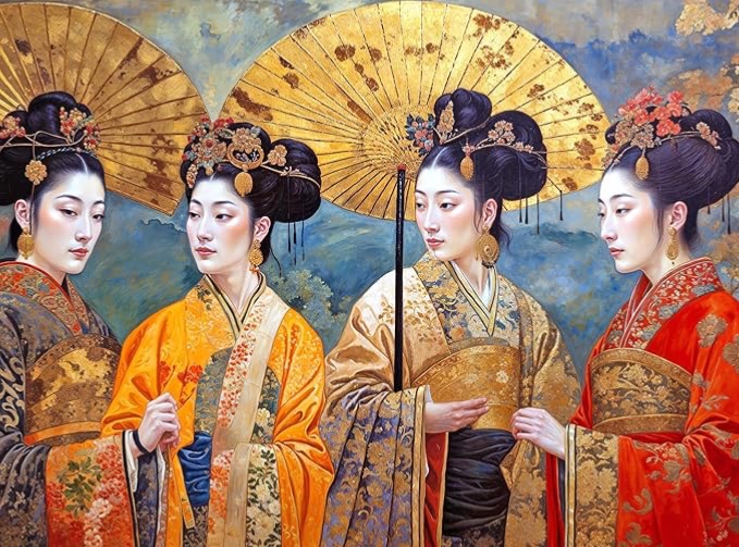 Four women in traditional East Asian formal attire with ornate hairstyles and golden fans.