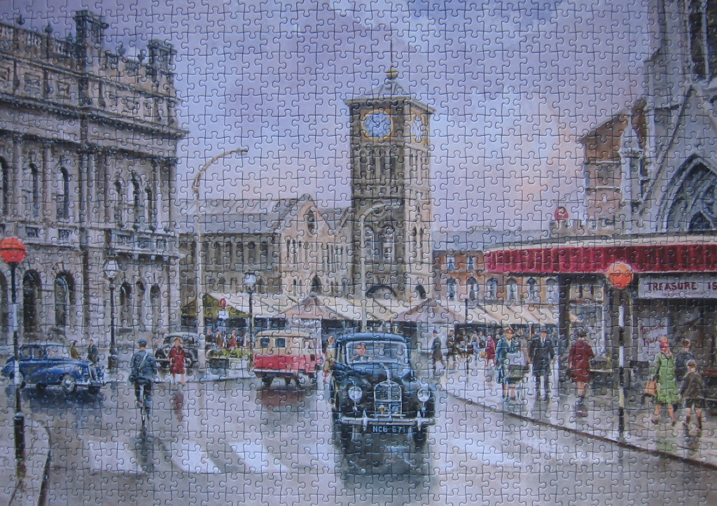 A nostalgic painting of a rainy city street with vintage cars and a central clock tower.