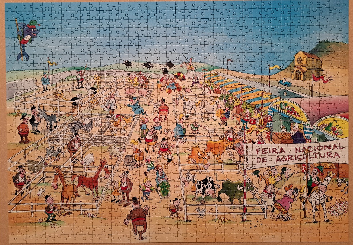 Cartoon illustration of a busy national agricultural fair with animals in pens and crowds of people.