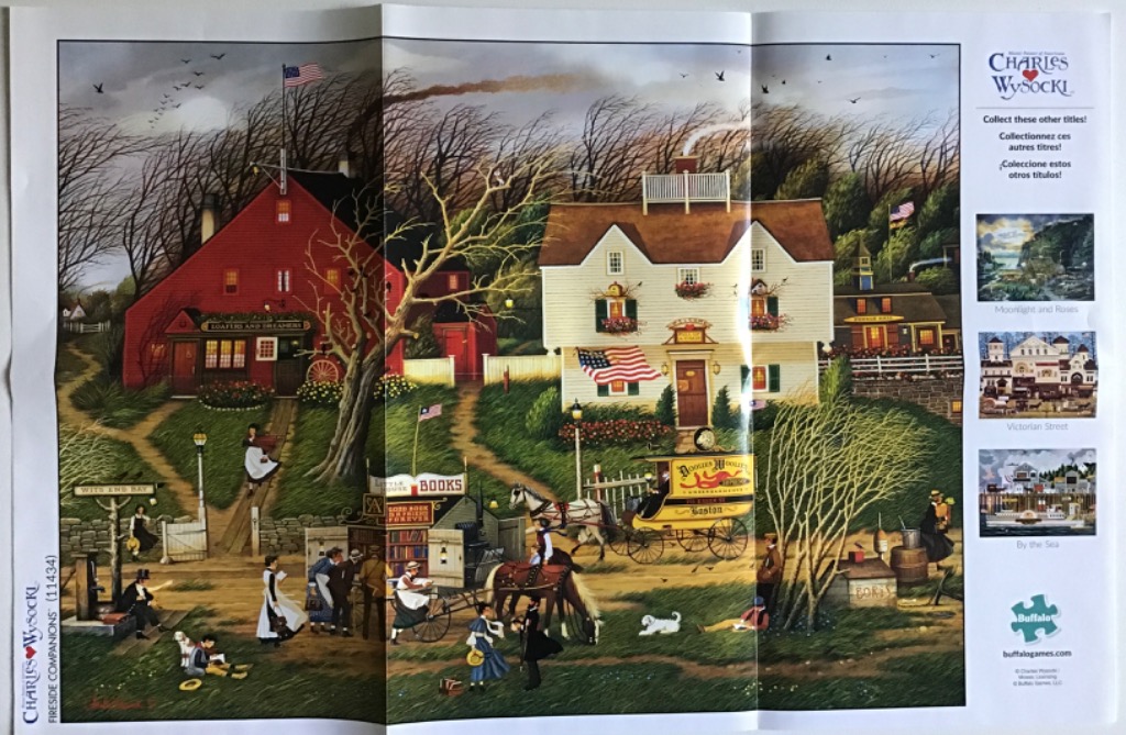 A detailed illustration of a pastoral village scene featuring a red barn, a cream-colored house, and horse-drawn carriages.