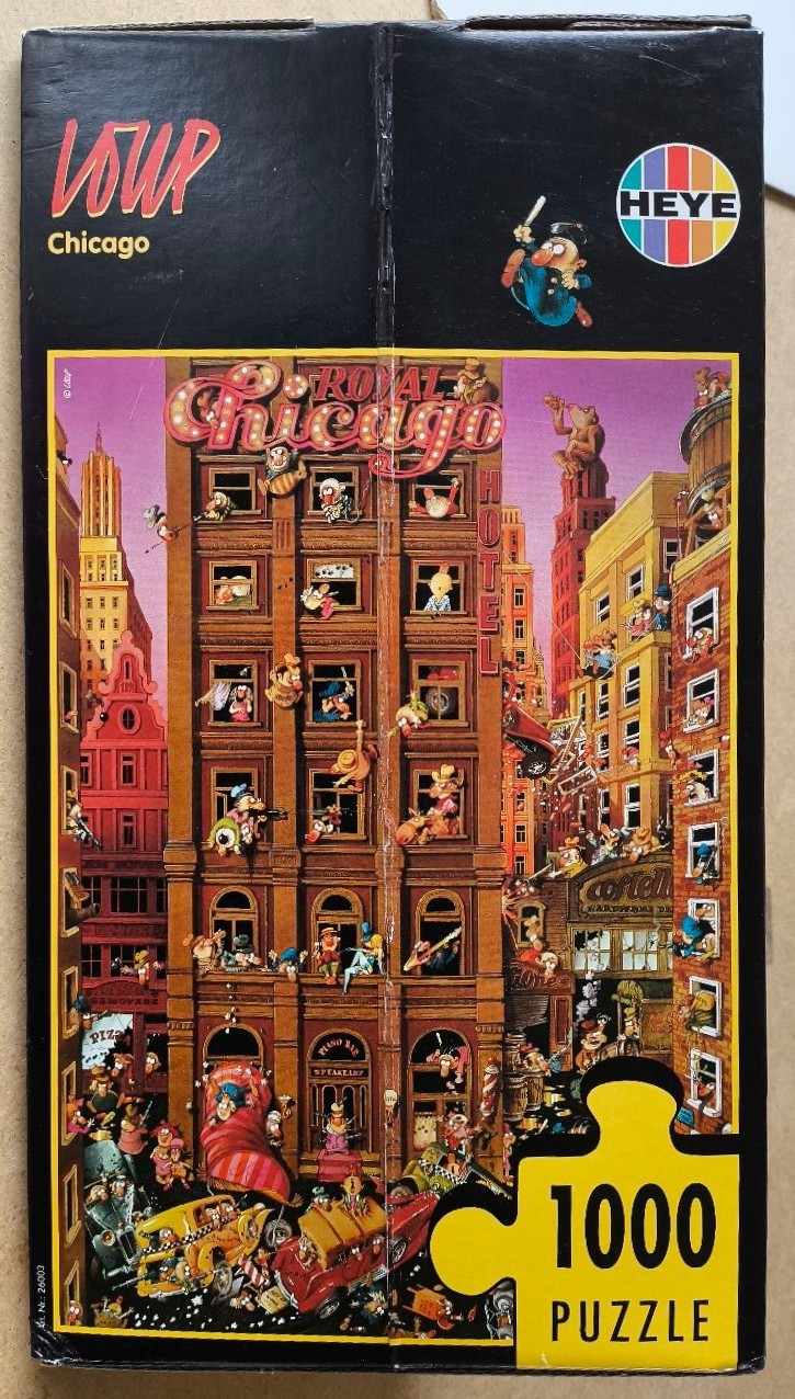 A detailed, humorous cartoon illustration of a bustling Chicago street scene filled with eccentric characters.