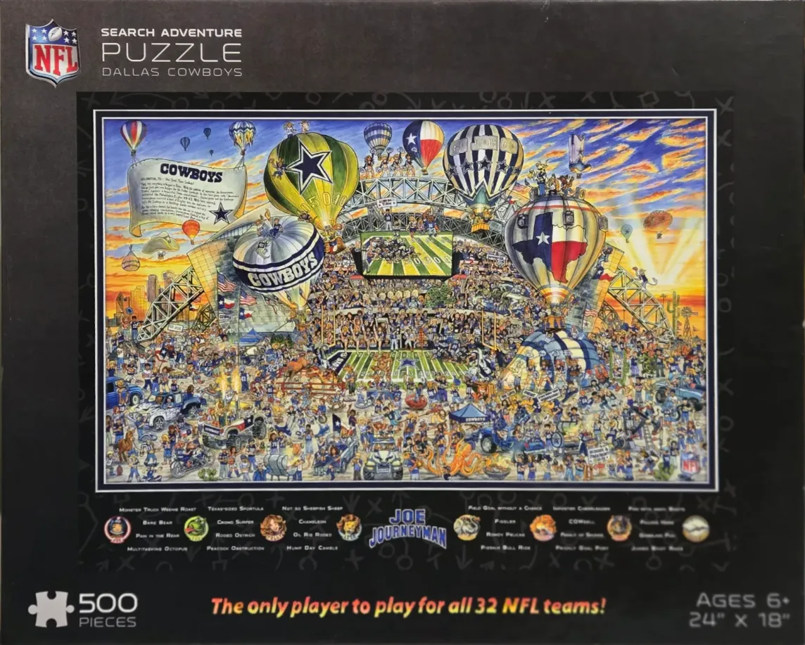 An illustration of a busy football stadium scene filled with fans, mascots, hot air balloons, and whimsical activity.