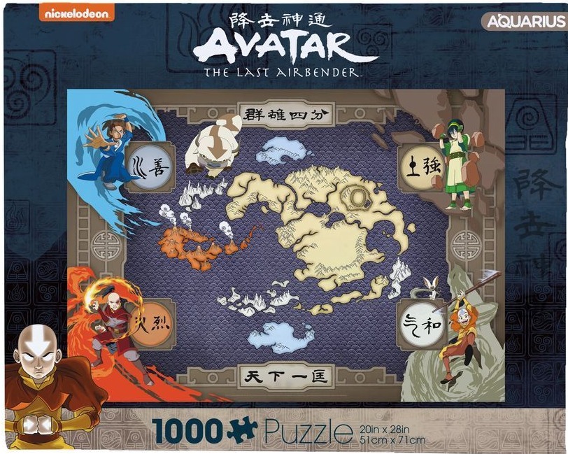 Map of the four nations from Avatar: The Last Airbender surrounded by the four benders and Aang.