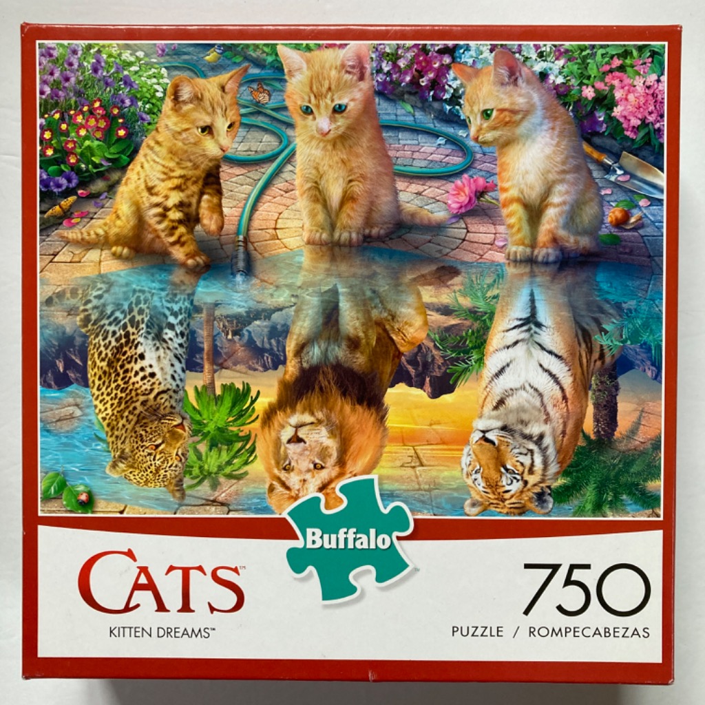 Three ginger kittens reflected as a leopard, a lion, and a tiger in a garden setting.