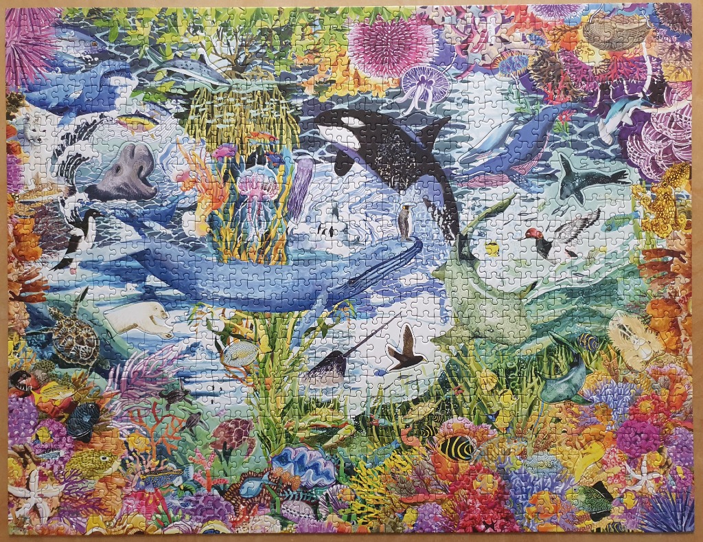 Colorful underwater scene featuring a whale, orca, narwhal, and diverse marine life