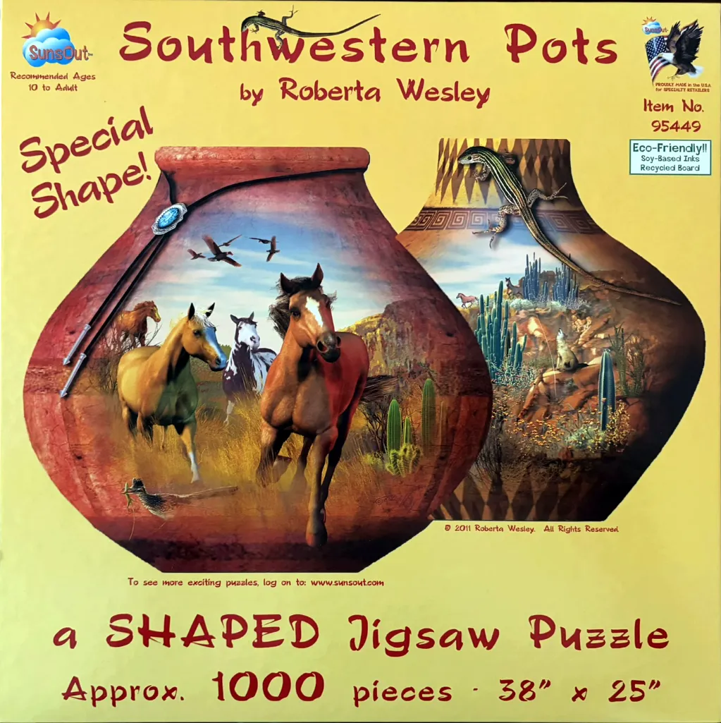Artistic illustration of two Southwestern pottery jars featuring horses and desert landscapes.