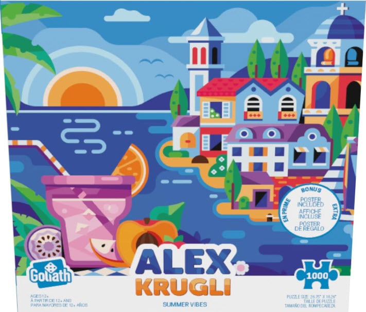 Stylized illustration of a seaside Mediterranean town at sunset with a refreshing fruit drink in the foreground.