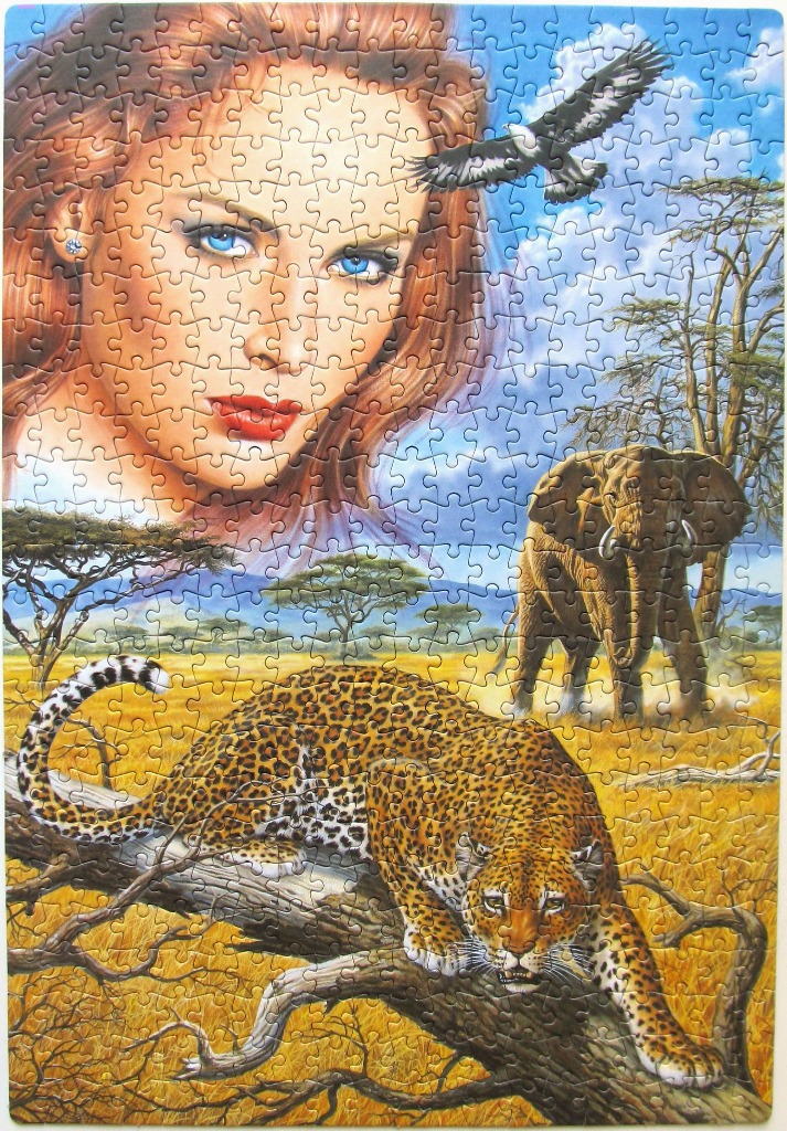Surreal illustration of a woman's face fading into an African savanna landscape with a leopard and elephant.