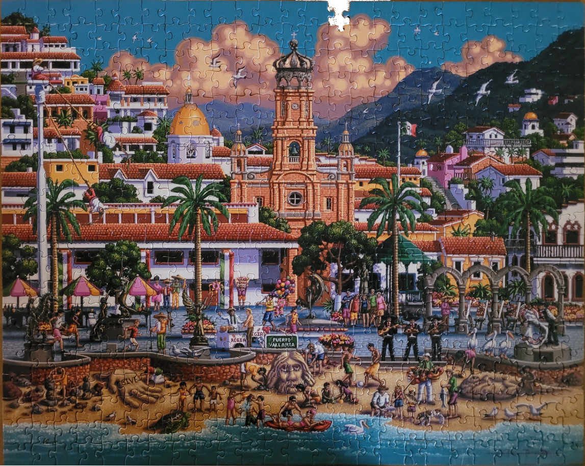 Colorful illustration of the Puerto Vallarta waterfront with a beach, people, and a prominent church tower.