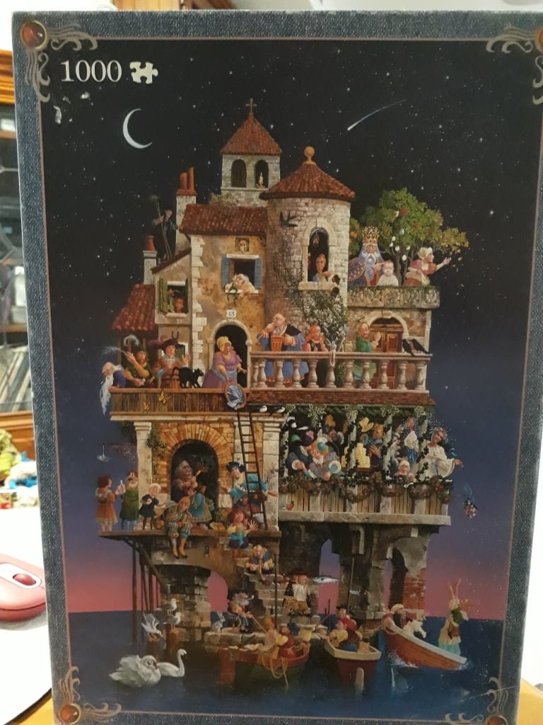 An illustration of a whimsical, multi-storied stone castle occupied by many diverse characters at night.