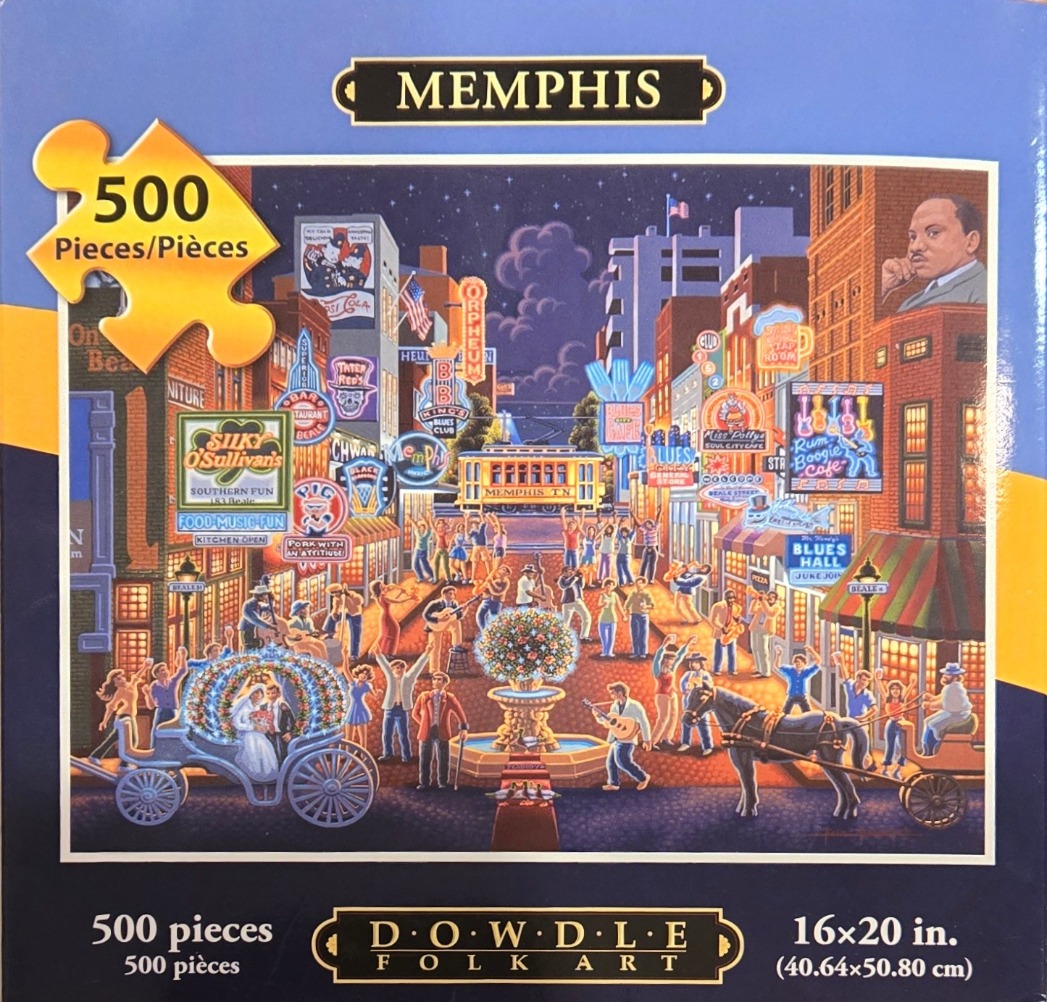 Folk art illustration of a lively Memphis street scene at night featuring neon signs, a trolley, and a horse-drawn carriage.