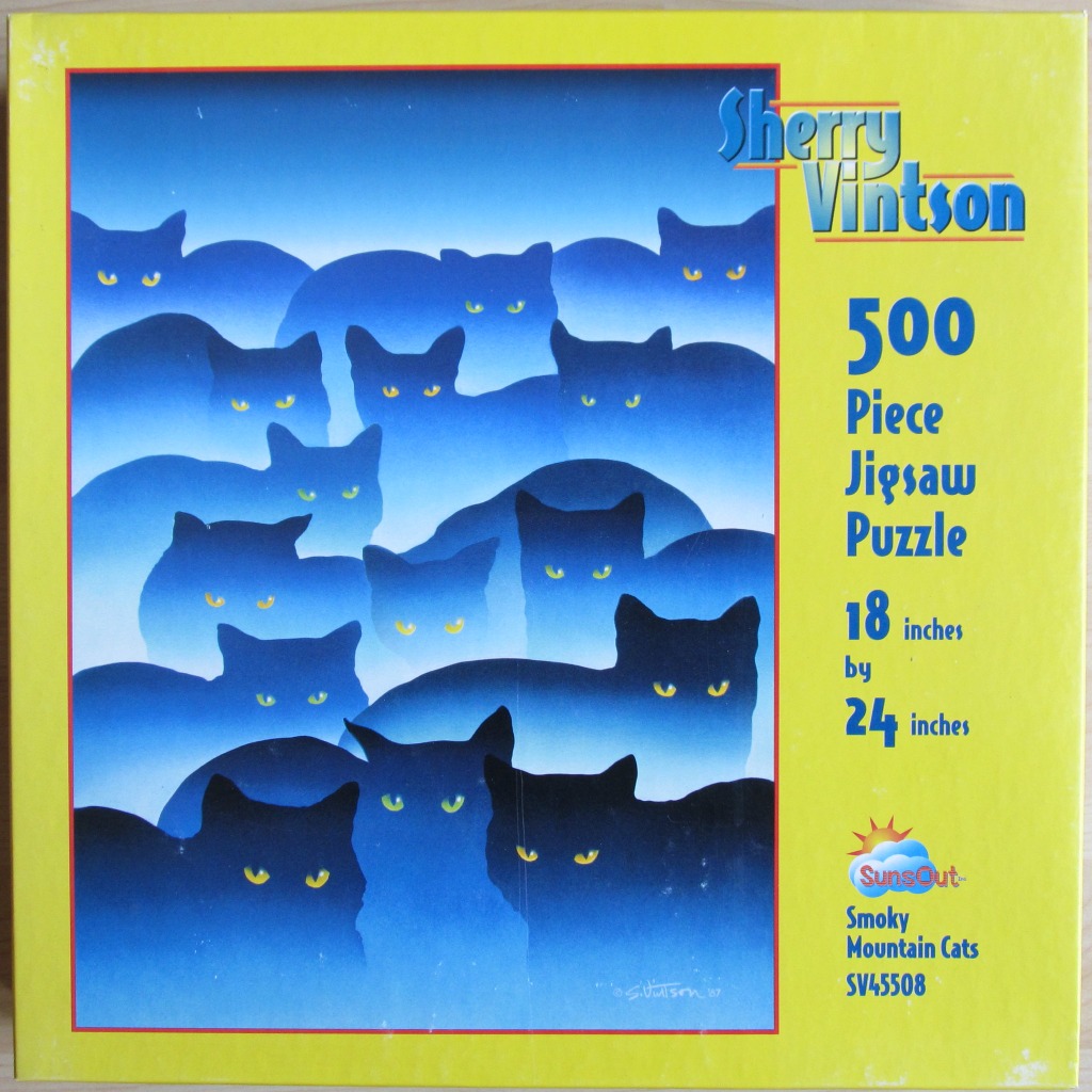 An illustration of many black cats with glowing yellow eyes emerging from a misty blue gradient background.
