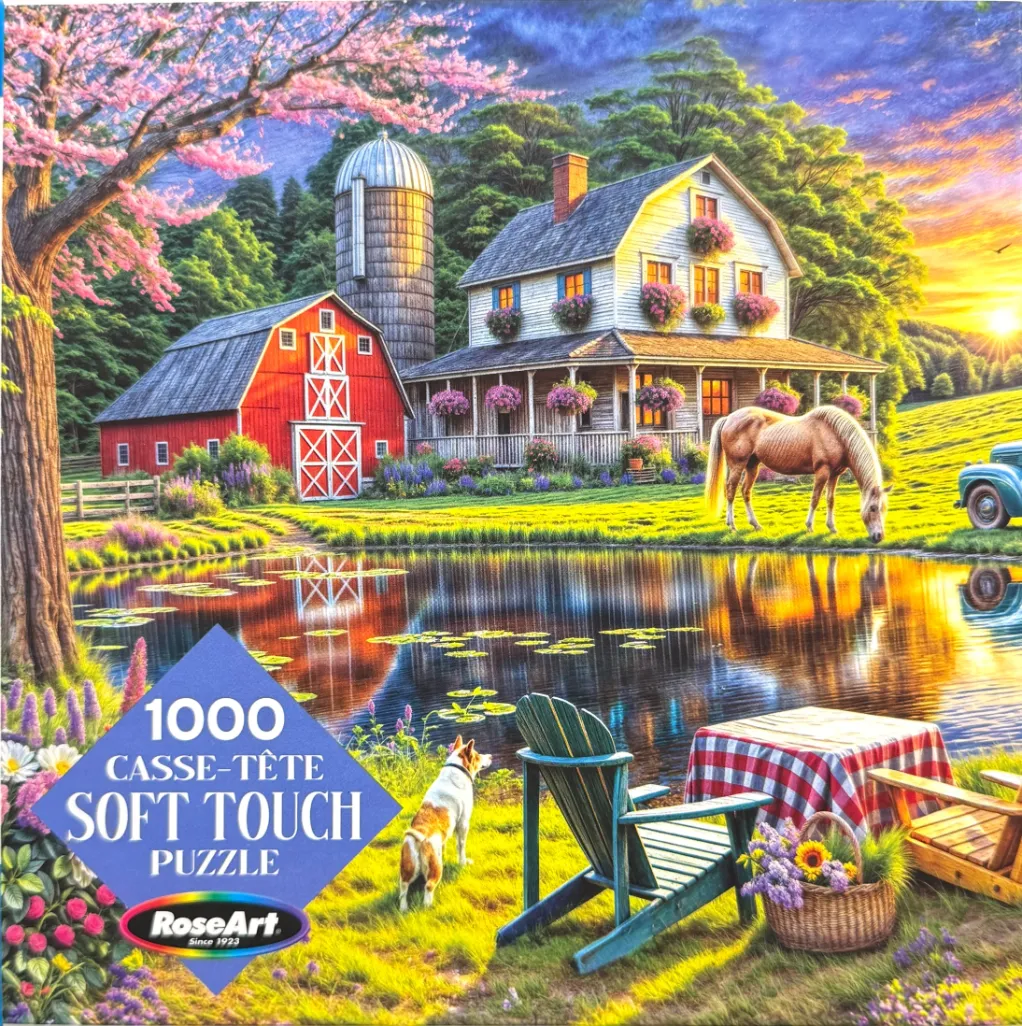 A peaceful farm scene featuring a red barn, a white farmhouse, a pond, and a horse at sunset.