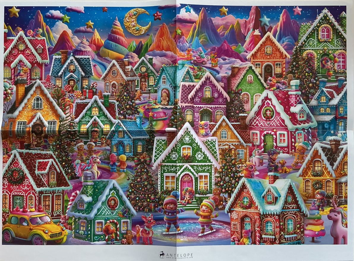A vibrant, whimsical gingerbread village under a star-filled night sky with colorful mountains.