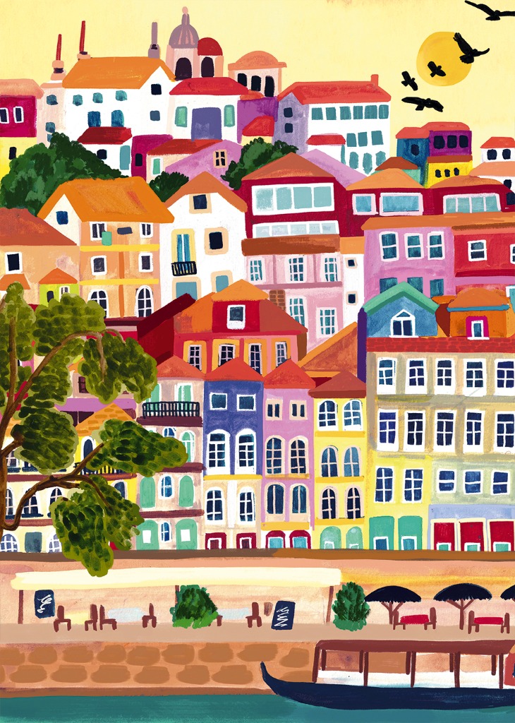 A colorful illustration of a hillside town overlooking a riverfront with a boat and sidewalk seating.