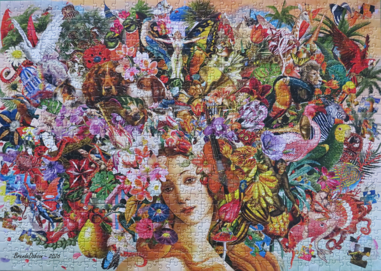 A whimsical collage illustration featuring a central woman