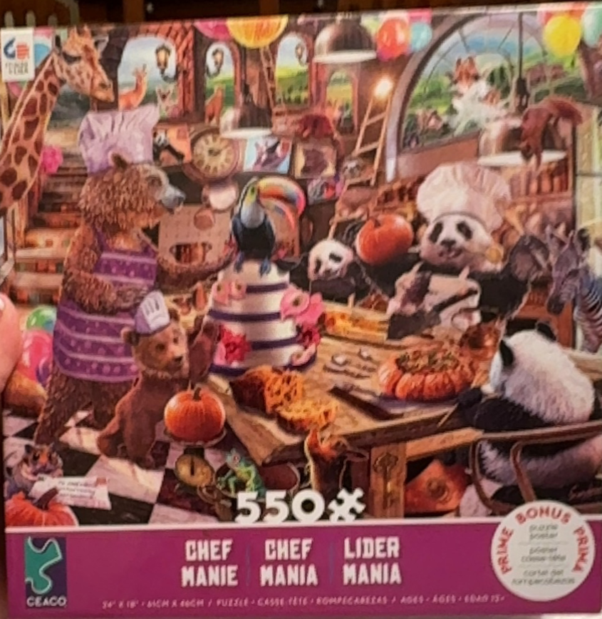 A whimsical kitchen scene featuring various animals dressed as chefs preparing a feast.