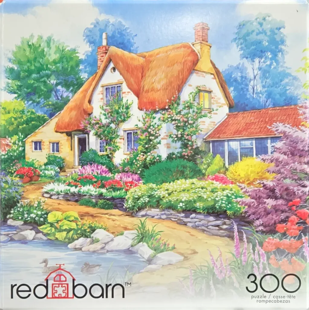 A peaceful English countryside cottage with a thatched roof, a colorful flower garden, and a pond with two ducks.