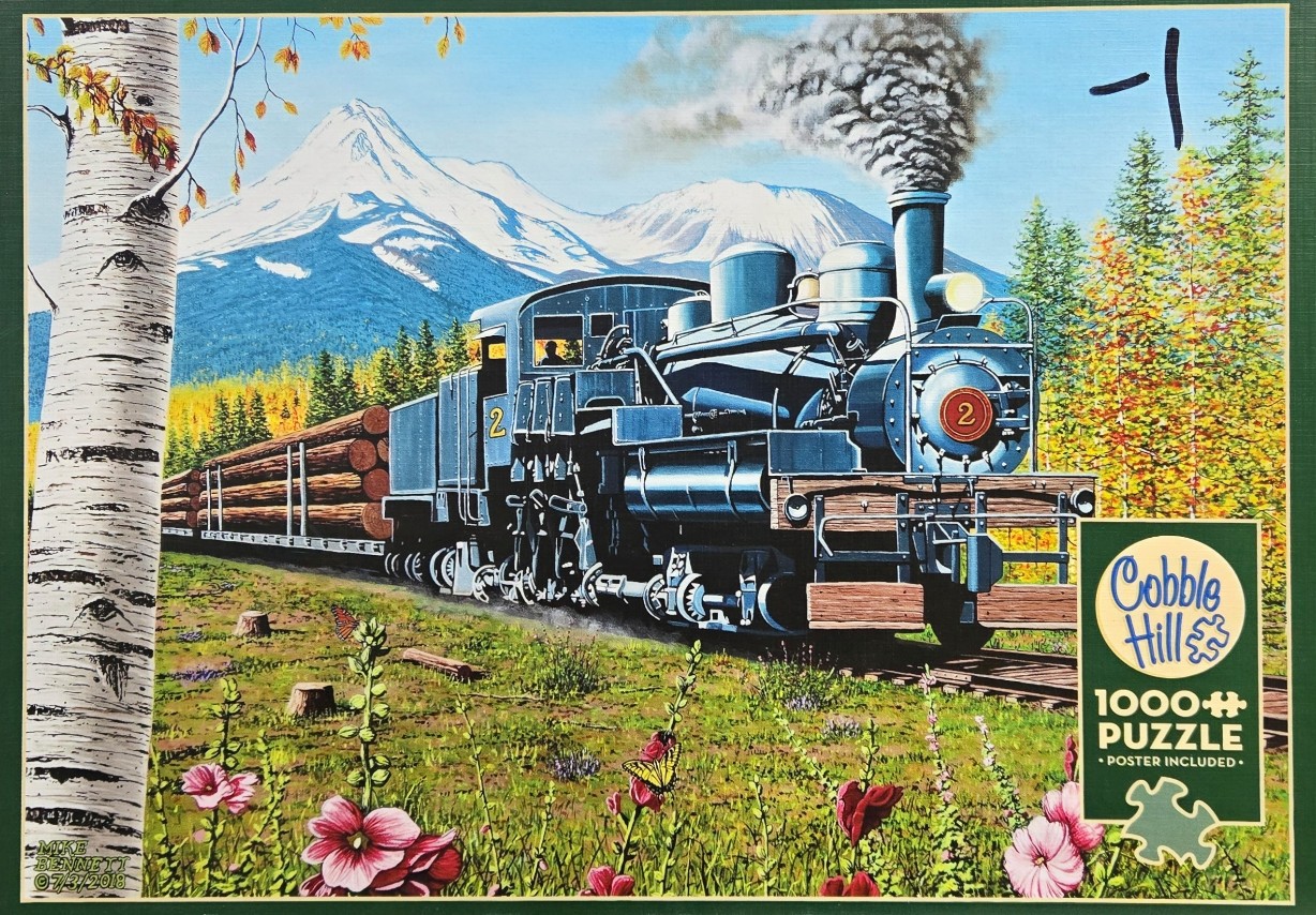 A steam locomotive pulling a log train through a mountain meadow near a birch tree.