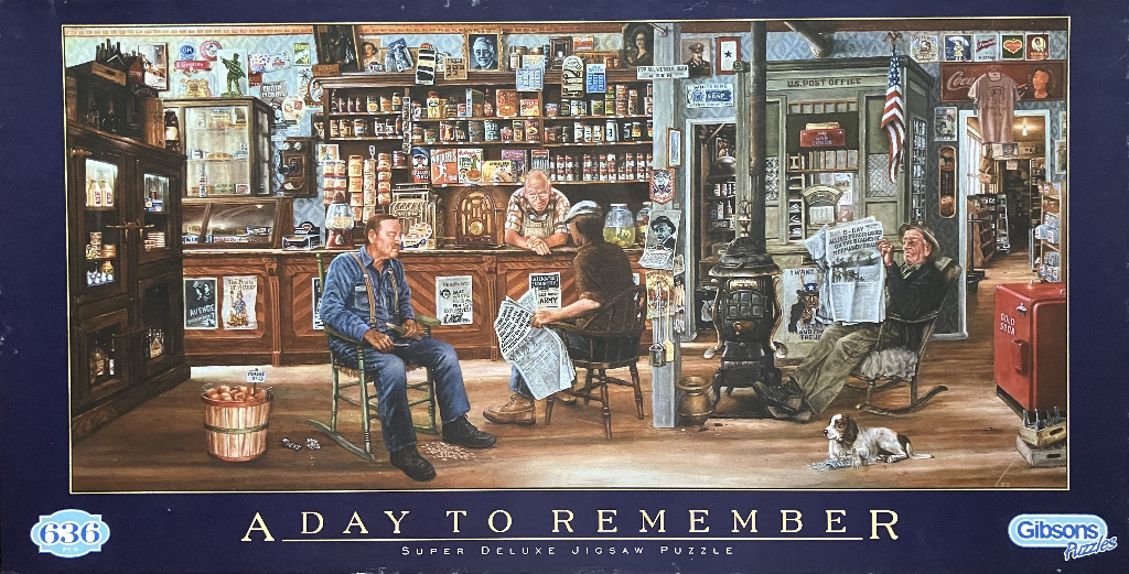 A nostalgic painting of three men in a vintage 1940s general store, with shelves of supplies and a cast-iron stove.
