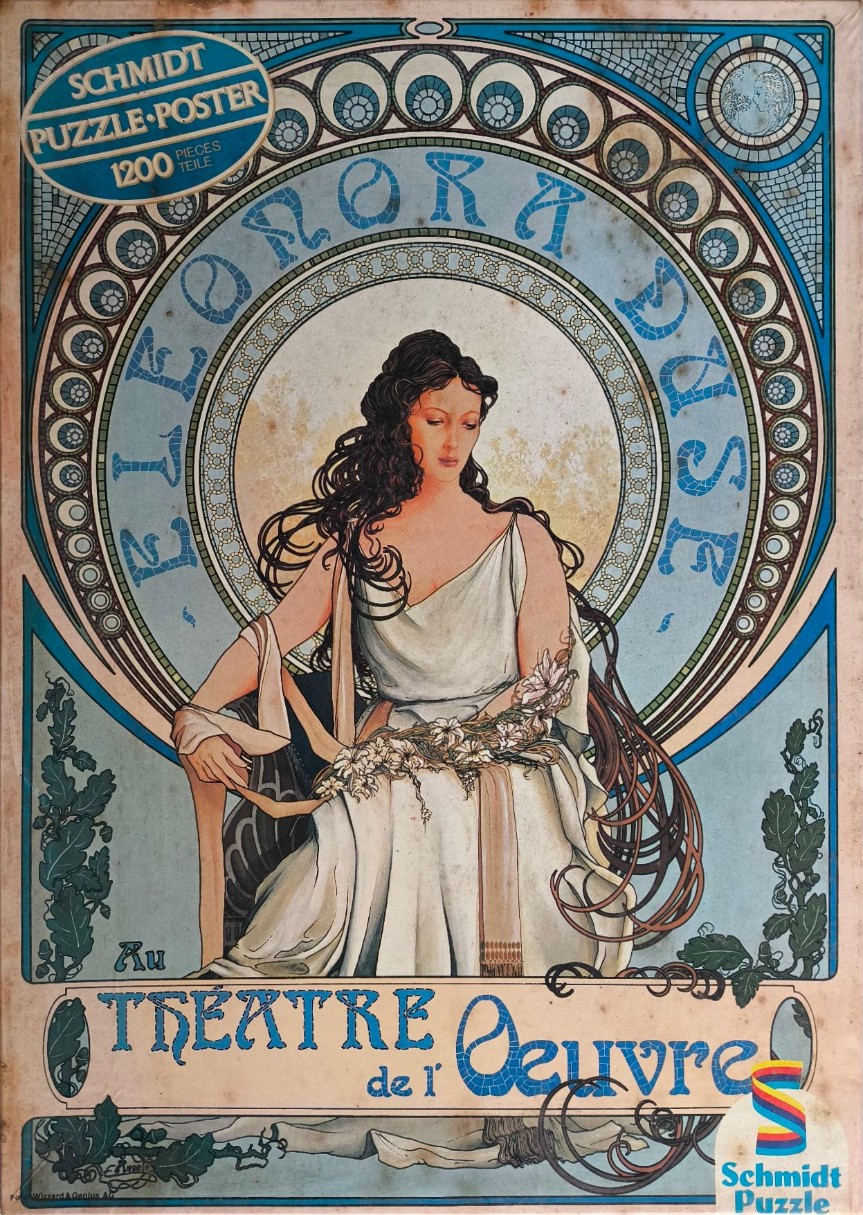 Art Nouveau illustration of a woman in a white Grecian-style dress against a circular mosaic background