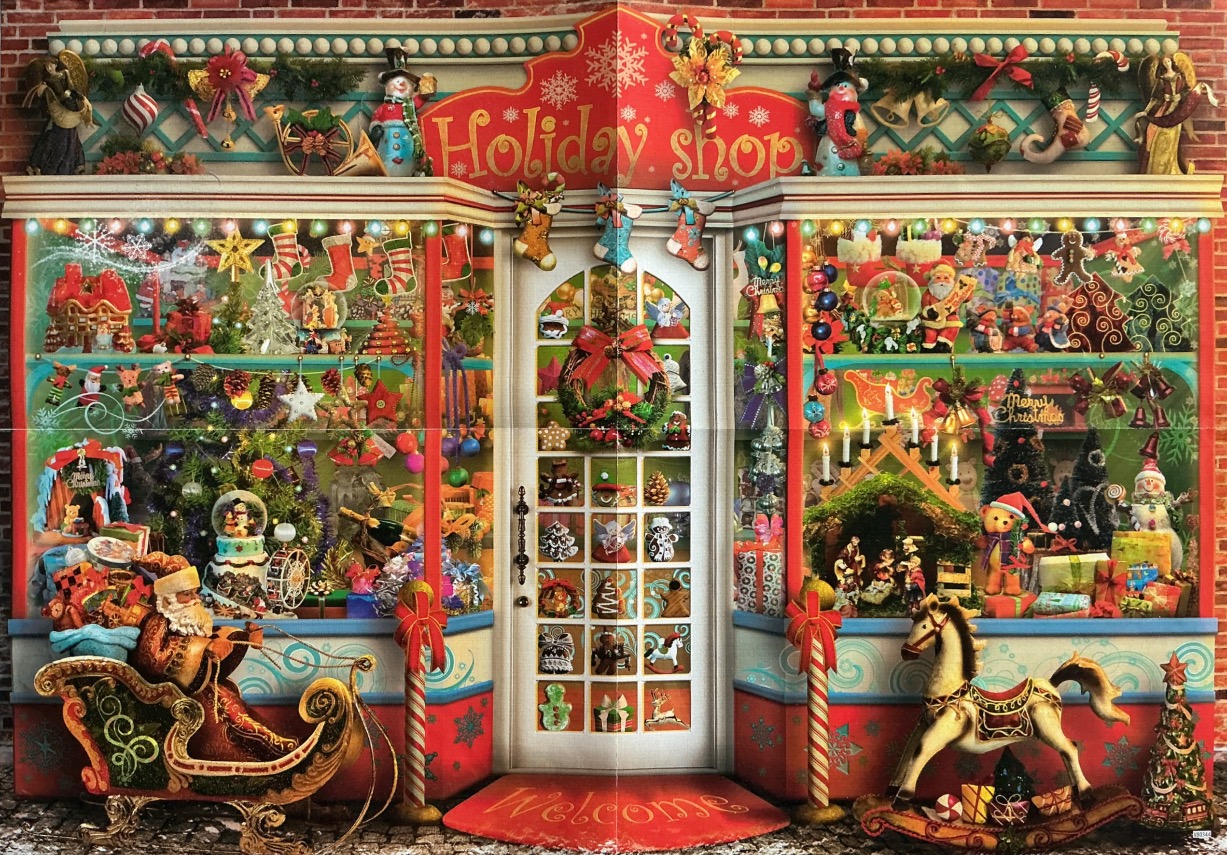 A whimsical holiday shop exterior filled with Christmas decorations, a sled, and a rocking horse.