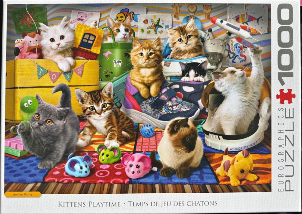 A group of diverse kittens playing among toys in a colorful, whimsical setting.
