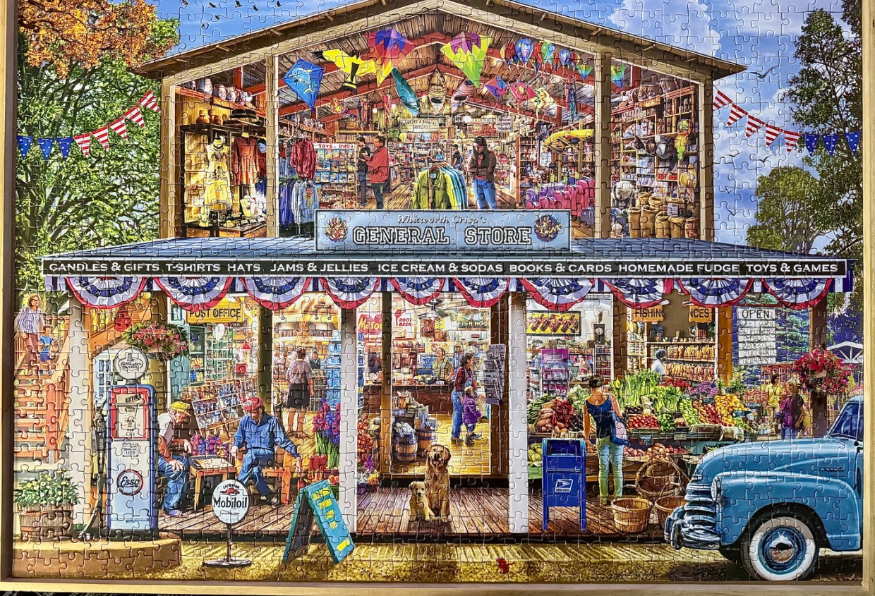 A nostalgic cutaway illustration of a general store with shoppers, a vintage truck, and colourful decor.