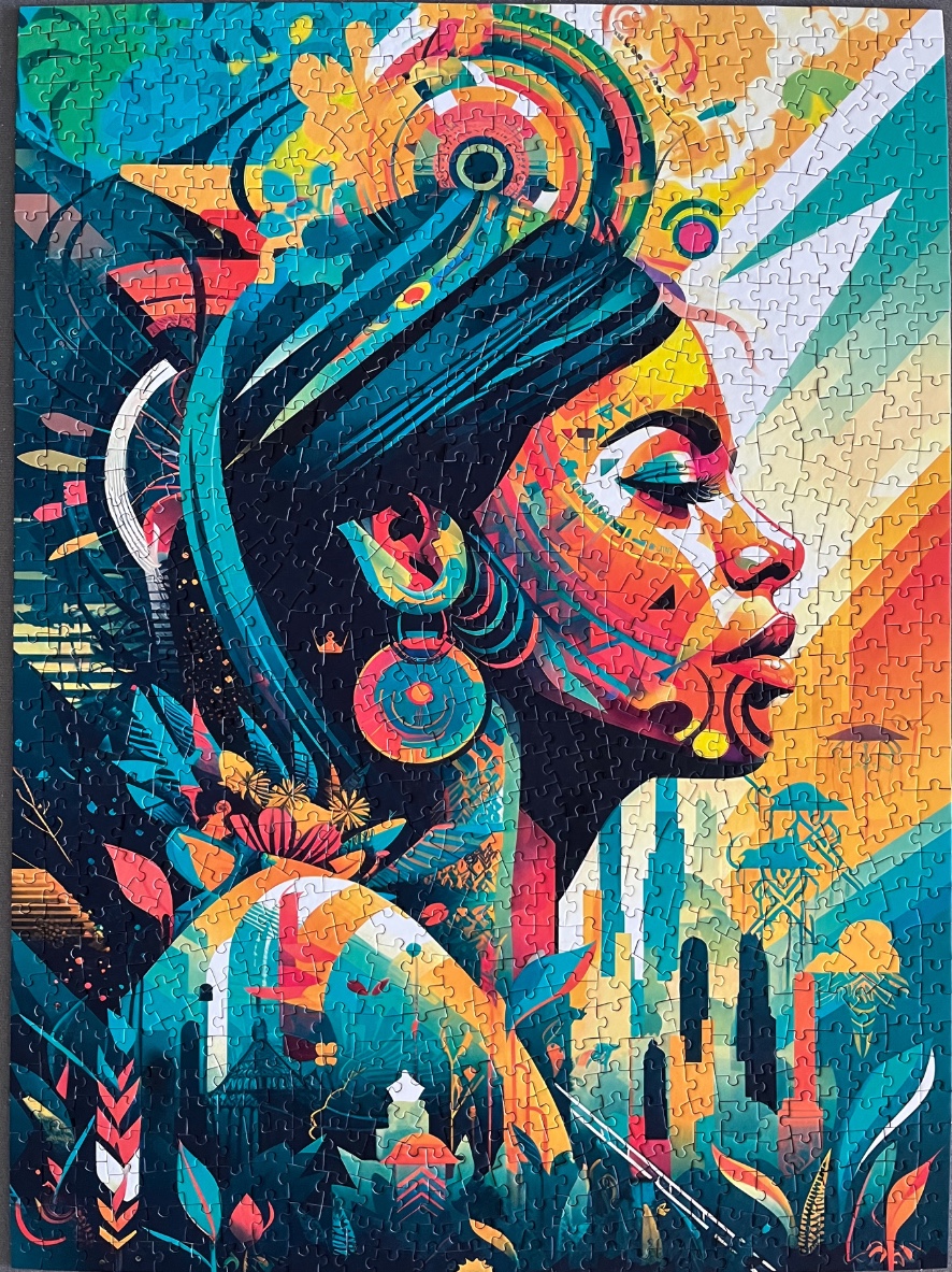 Vibrant, stylized side profile of a woman surrounded by abstract geometric shapes and tropical flora in a bright palette.