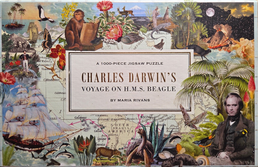 Collage-style art featuring Charles Darwin, the HMS Beagle, and various flora and fauna over a vintage map background.