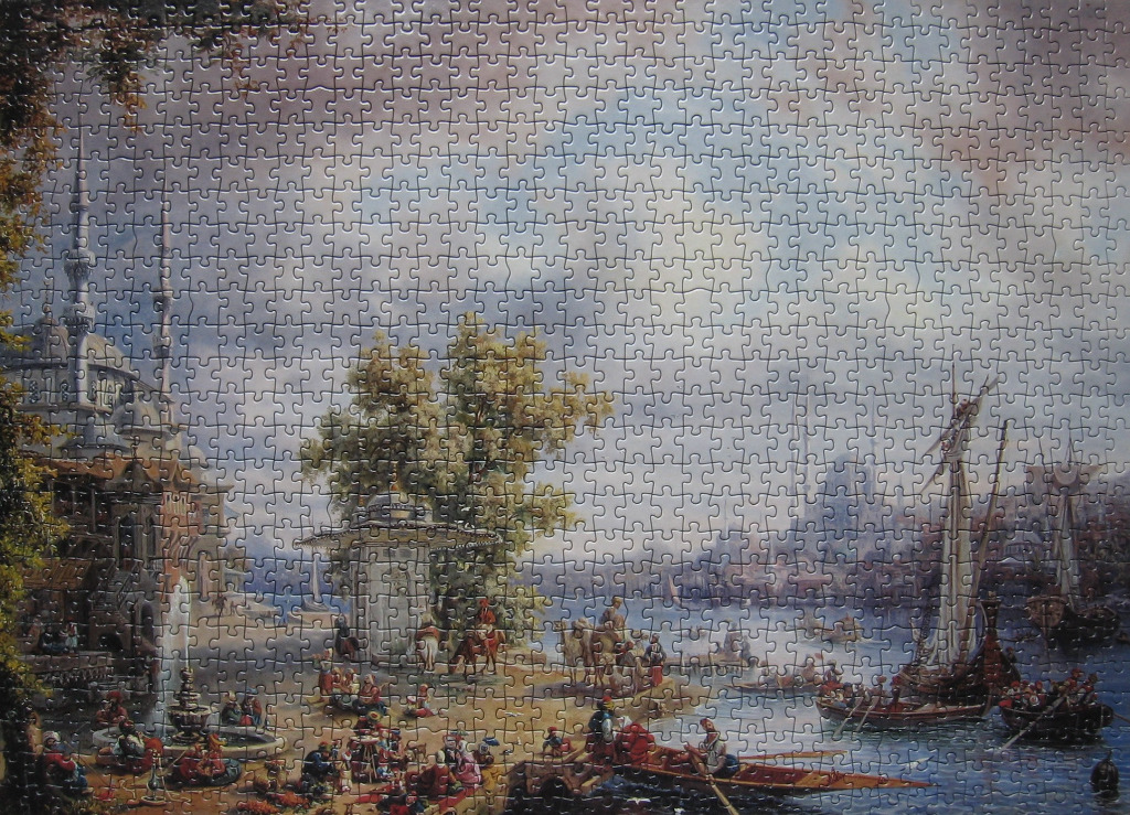 A romanticized orientalist painting featuring a bustling waterfront, a mosque, and traditional wooden boats.
