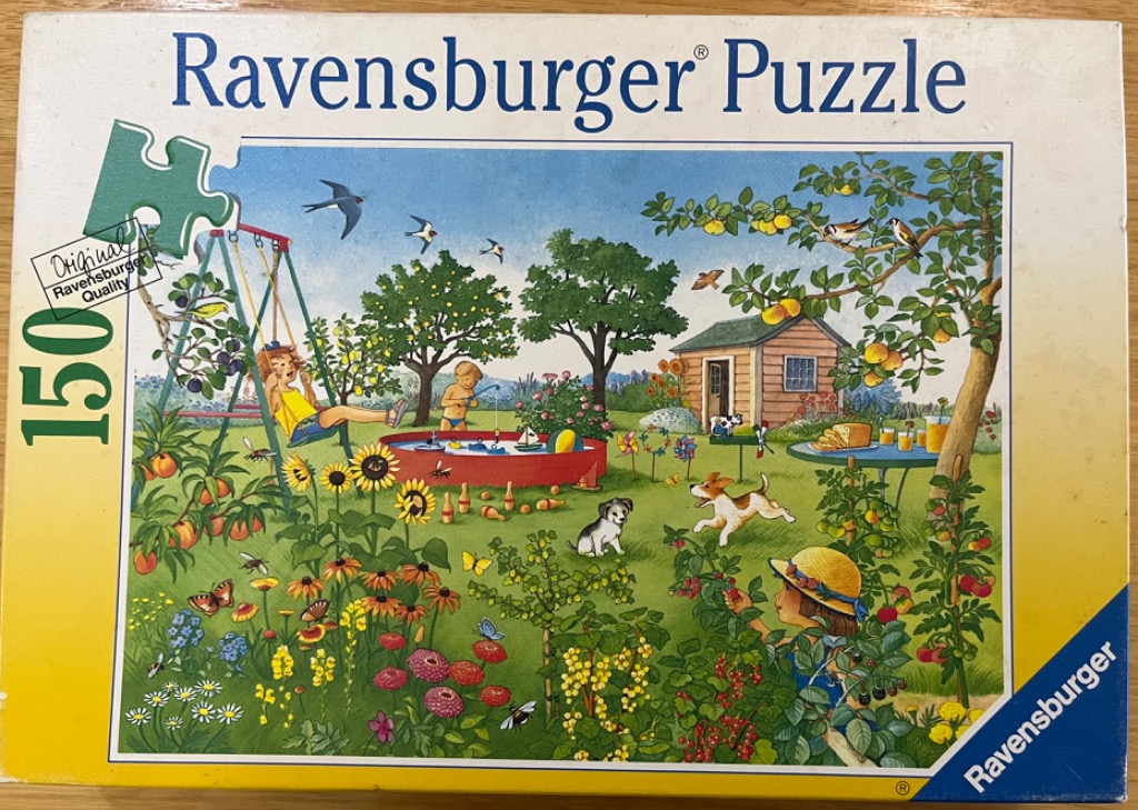 A sunny, colorful backyard scene with children playing, a swimming pool, a dog, and fruit trees.