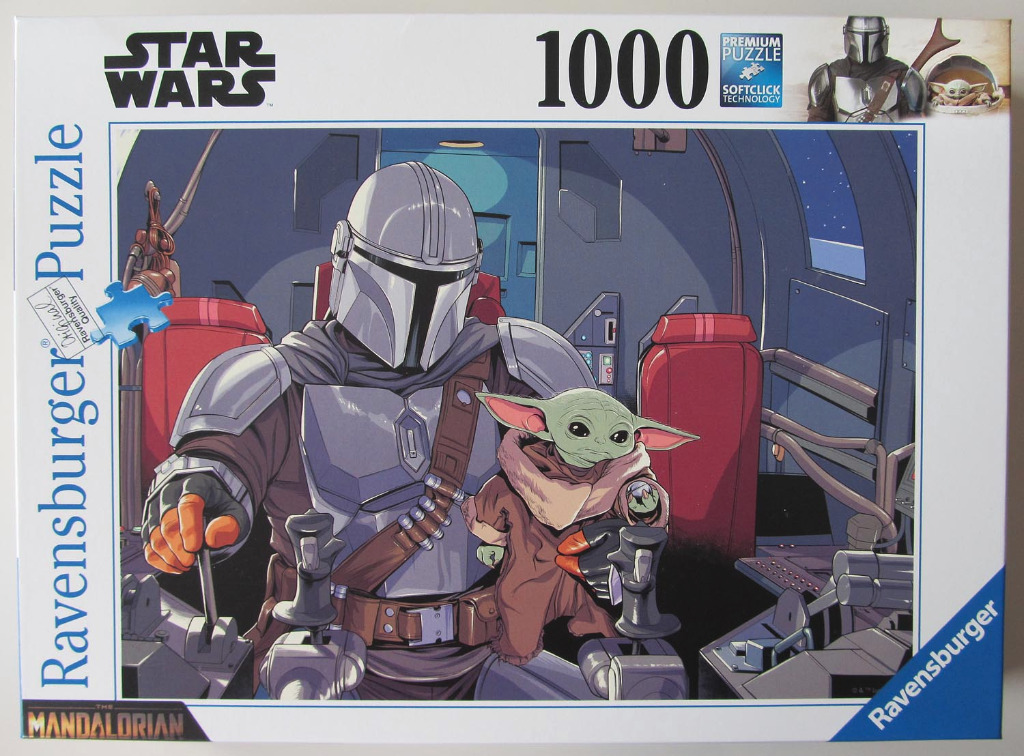 The Mandalorian pilot in a starship cockpit holding Grogu, an illustration.