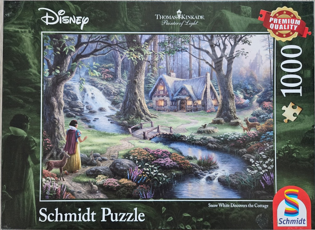 Snow White standing in a magical forest path leading to a cottage by a stream