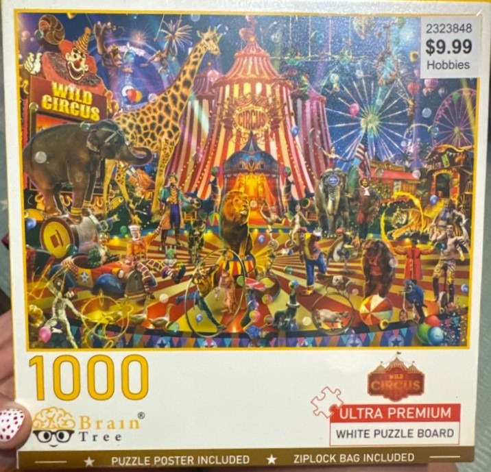 A colorful, detailed illustration of a vibrant circus scene with animals, performers, and a big top tent.