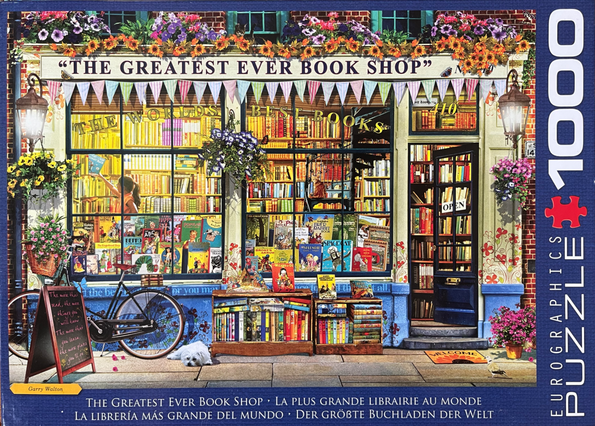 Illustration of a charming bookstore facade with a bicycle, a small dog, and shelves of colorful books visible.