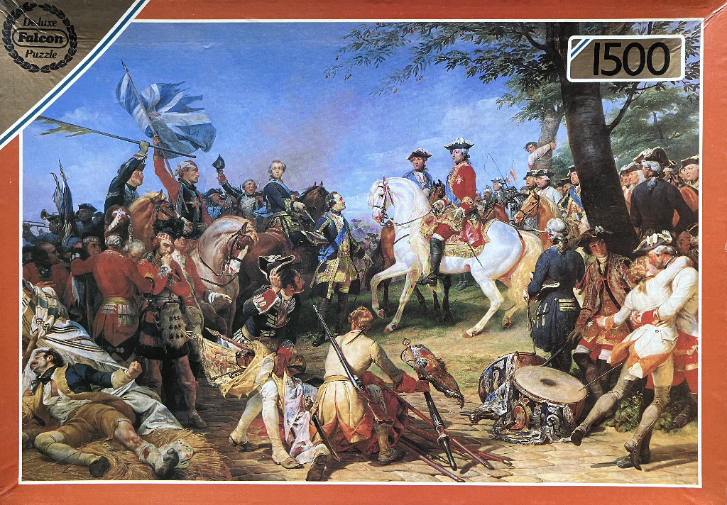 An 18th-century historical battle painting featuring officers and soldiers on a battlefield.