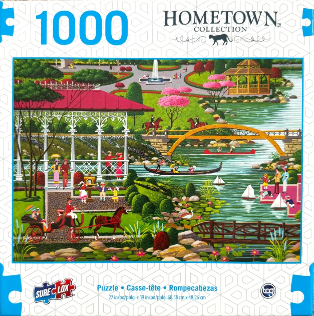 A nostalgic painting of a Victorian-era park with a pond, a gazebo, and people in period attire.