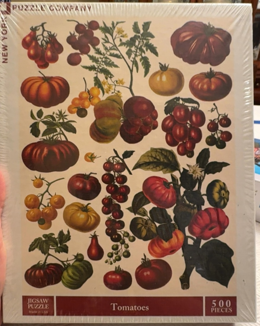 A botanical illustration featuring various types of tomatoes in different shapes and colors.