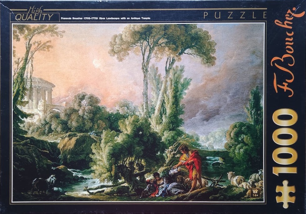 A romantic 18th-century painting of a couple near a river, with lush trees, a stone temple, and grazing sheep.