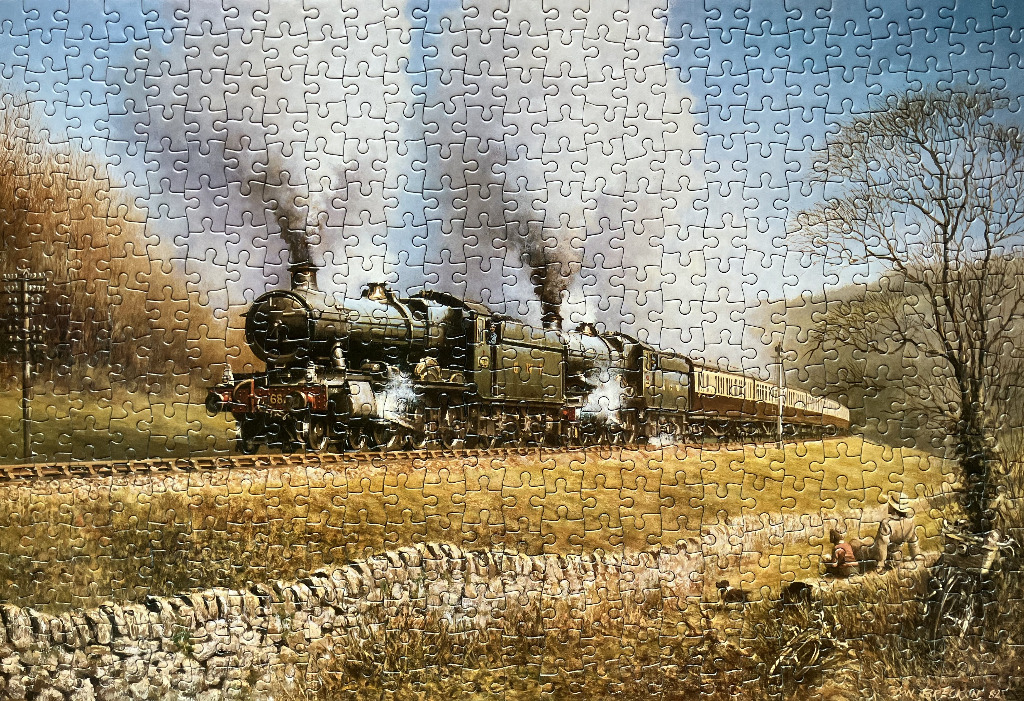 A detailed painting of a steam locomotive pulling passenger carriages through a rural landscape.